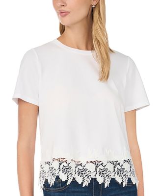 CeCe Women's Cropped Boxy Tee With Lace Trim T-Shirt