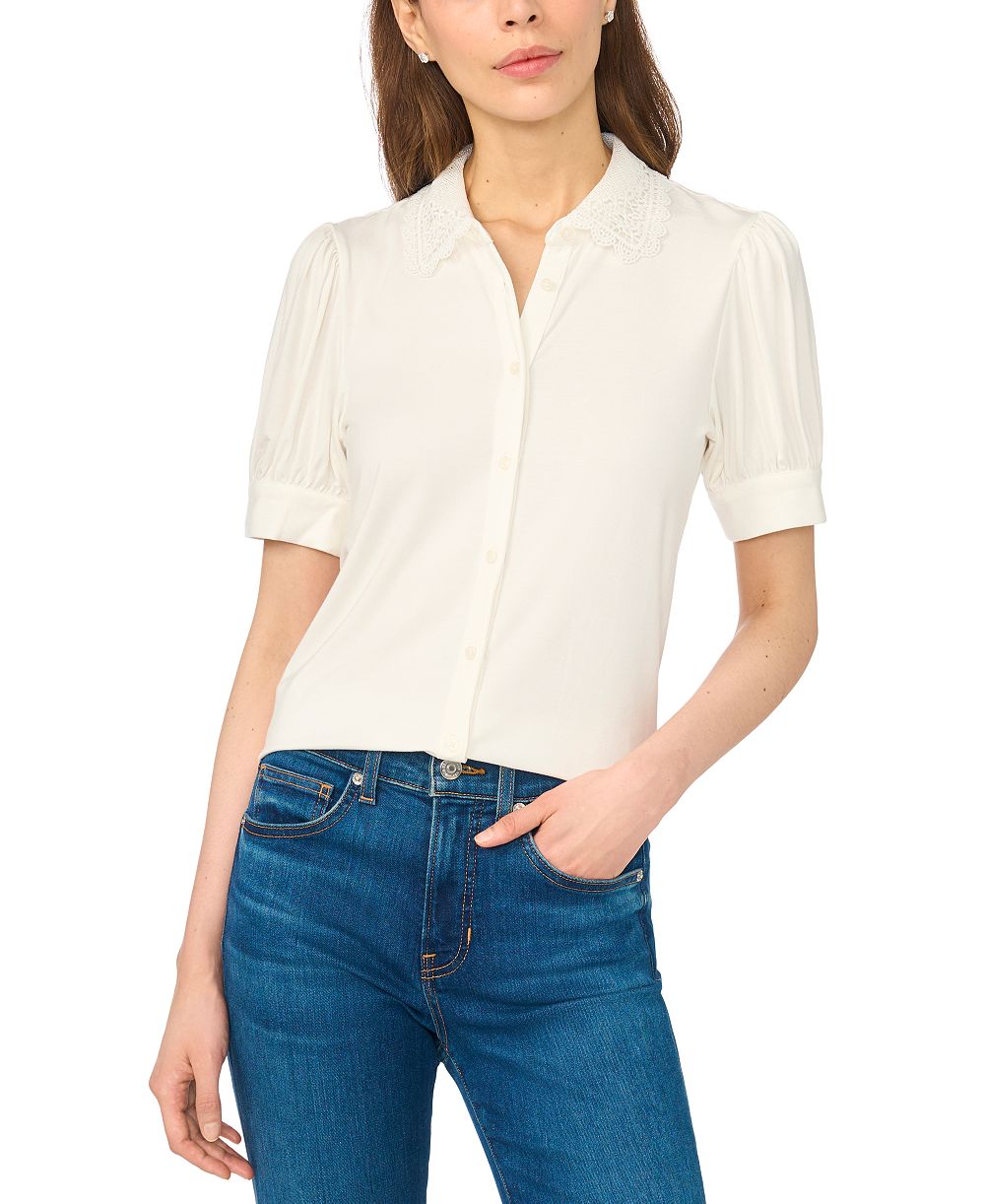 CeCe Women's Short Puff-Sleeve Scallop-Trim Button-Up Blouse