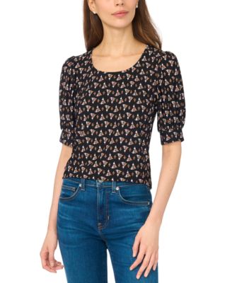 CeCe Women's Tulip Crew Neck Shirred Short-Sleeve Blouse