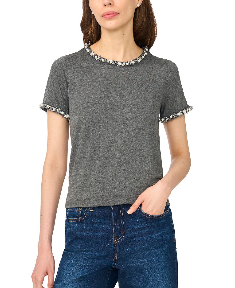 CeCe Women's Short-Sleeve Embellished Crew Neck Tee