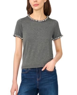 CeCe Women's Short-Sleeve Embellished Crew Neck Tee