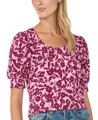 CeCe Women's Floral-Print Shirred Short-Sleeve Crewneck Blouse