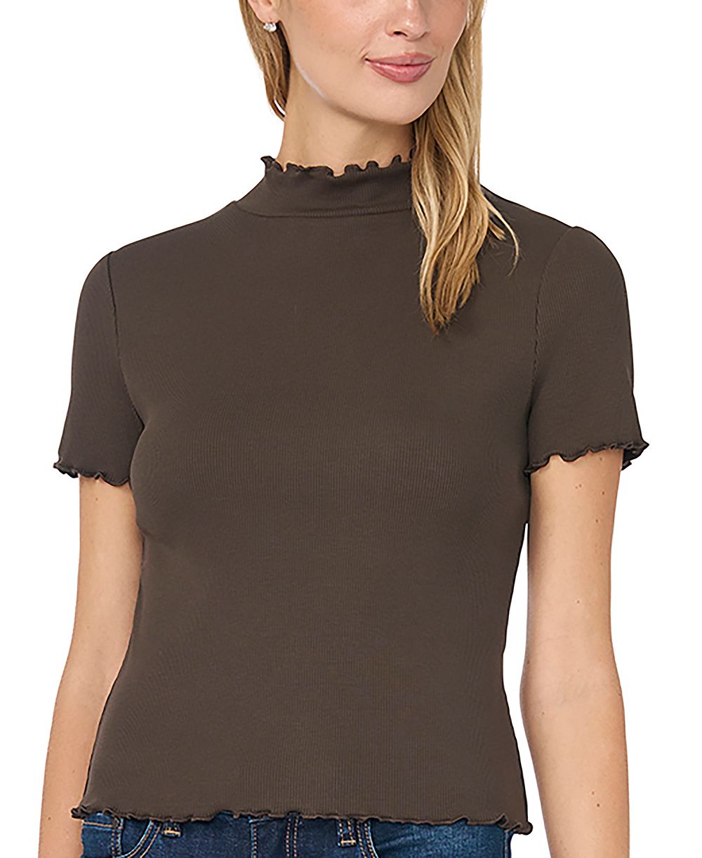 CeCe Women's Mock-Neck Short-Sleeve Lettuce-Trim Cotton-Blend T-Shirt