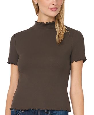 CeCe Women's Mock-Neck Short-Sleeve Lettuce-Trim Cotton-Blend T-Shirt