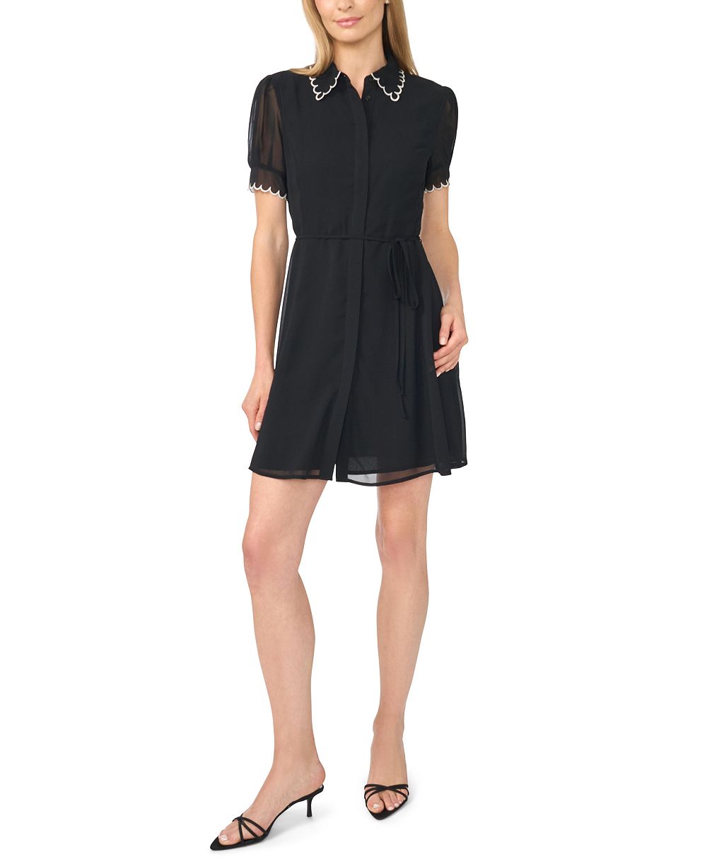 CeCe Women's Contrast Stitch Short-Sleeve Scallop Mini Dress With Tie Waist