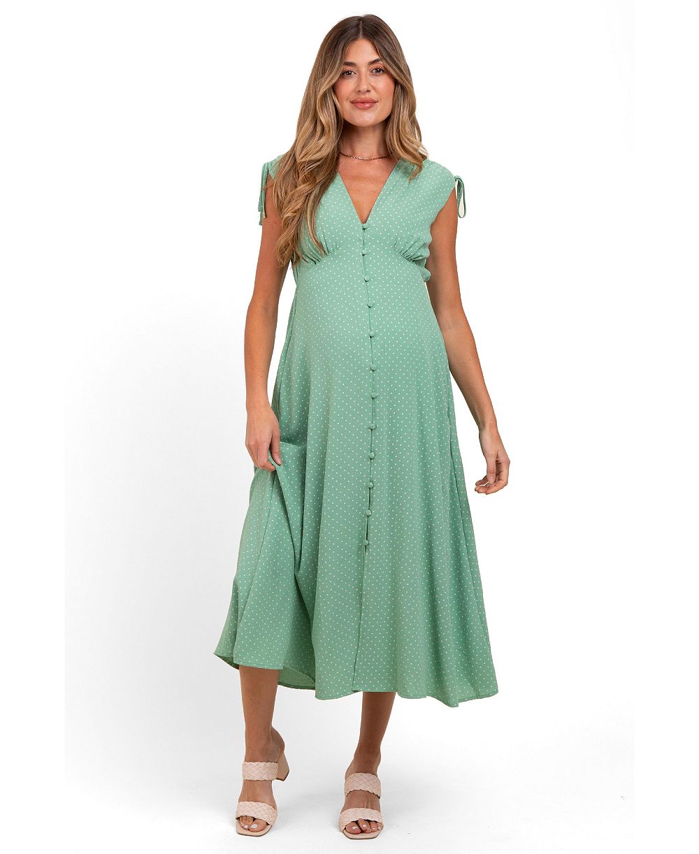 Pinkblush Women's Green Button-Down Polka Dot Shirred Bow Midi Dress