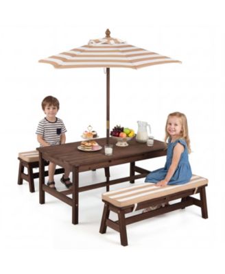 Gymax Kids Picnic Table Outdoor Wooden Table and Bench Set with Removable Umbrella