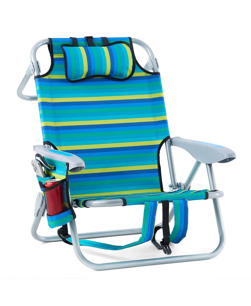 AOFAR Portable Recliner Chair Camping Folding Lay Flat 5 Positions Headrest Pouch Cup Holder Striped