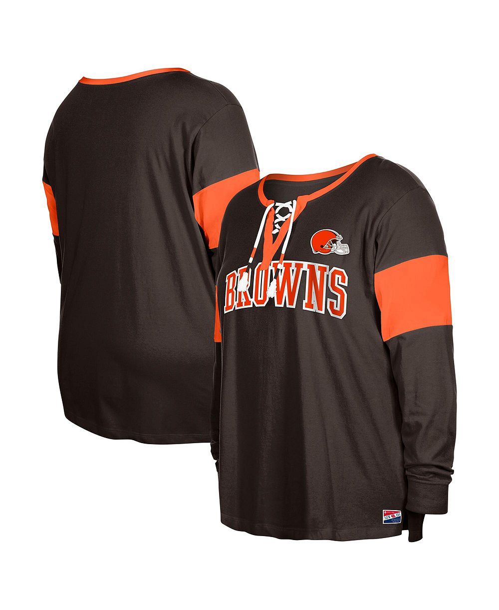 New Era Женская коричневая футболка с длинным рукавом и разрезом на шее Cleveland Browns Plus Size Lace-Up Notch Neck