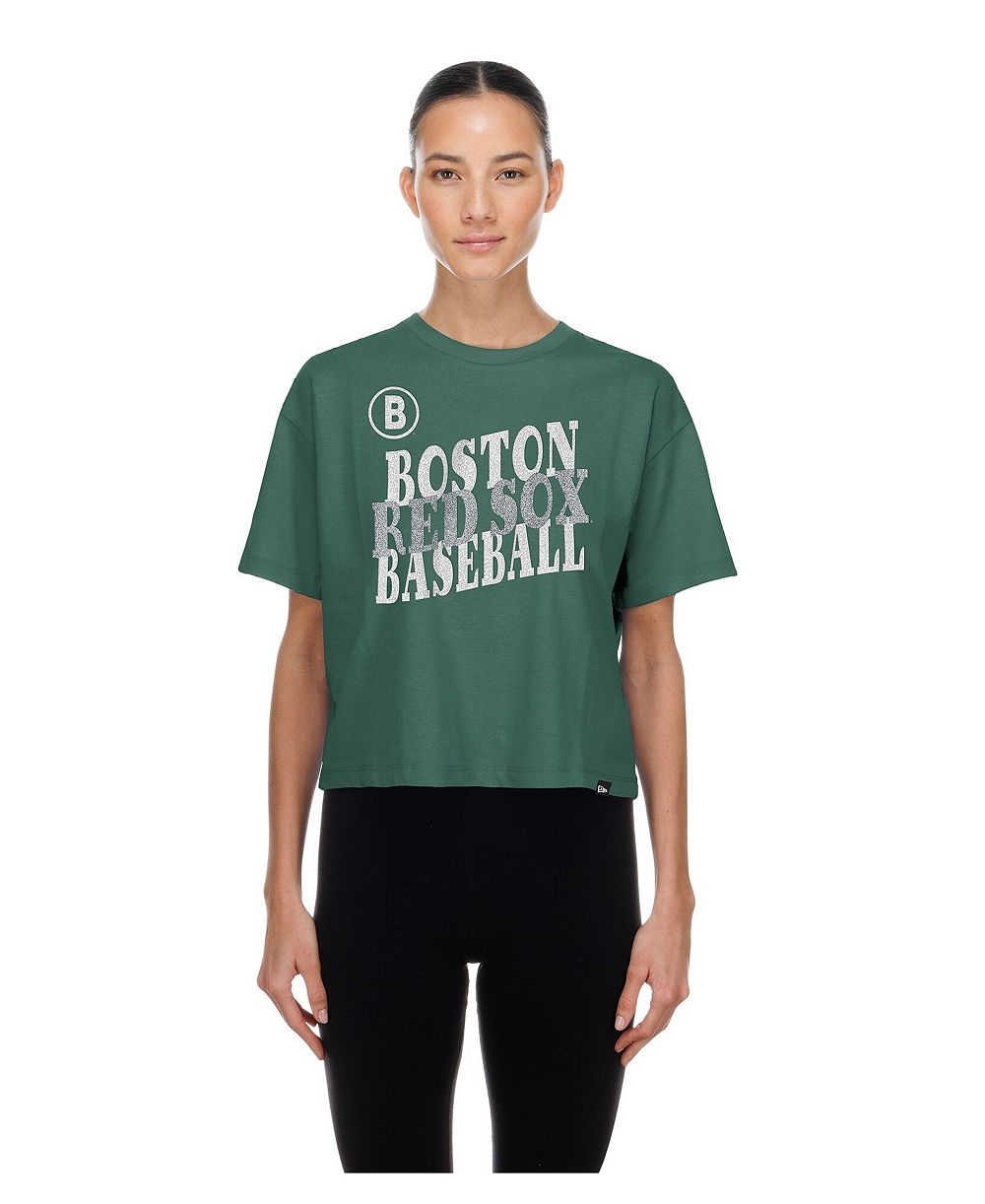 Женский укороченный футболка New Era Green Boston Red Sox City Connect Glitter Gel