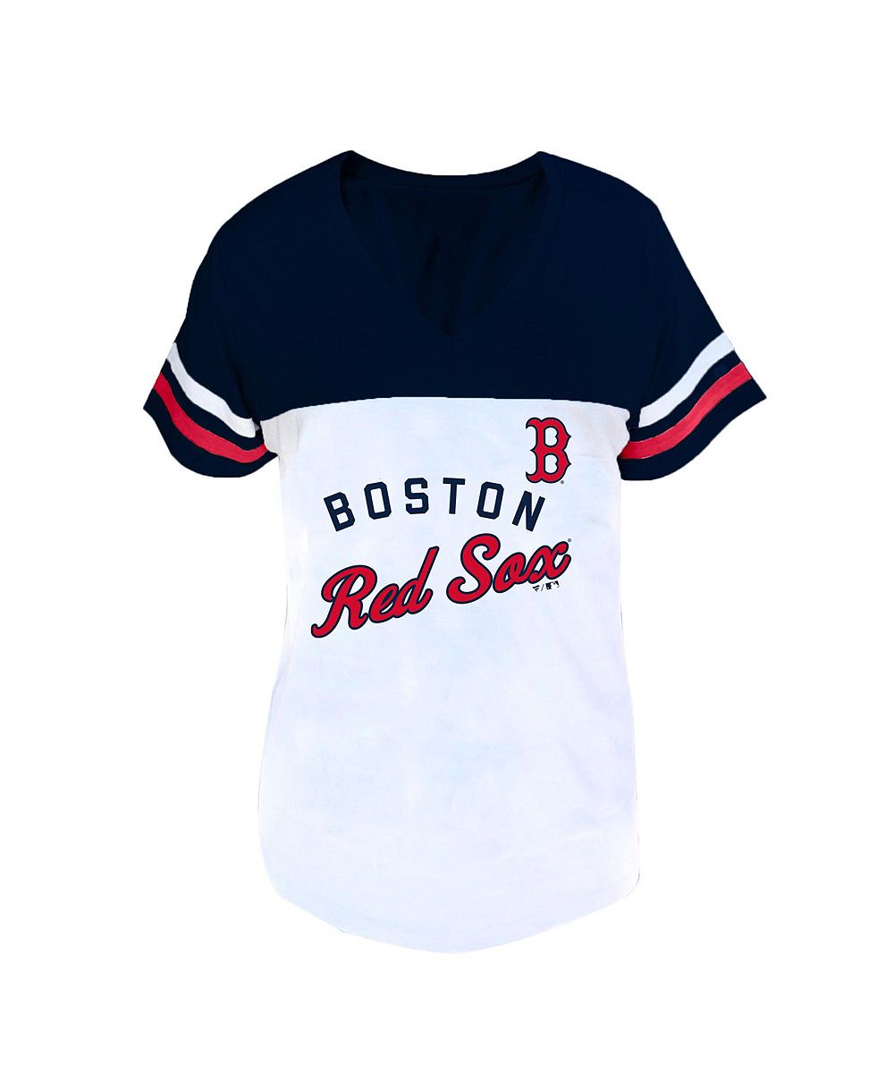 Женская футболка Fanatics Boston Red Sox White/Navy Plus Size с V-образным вырезом и двумя полосками