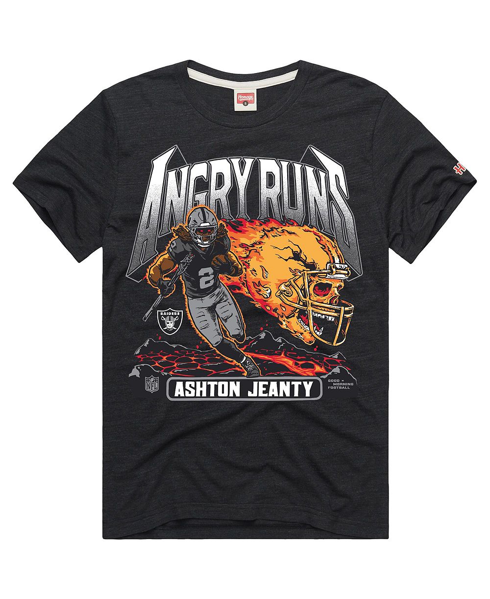 Мужская и женская футболка Homage с графикой Ashton Jeanty Las Vegas Raiders в угольном цвете