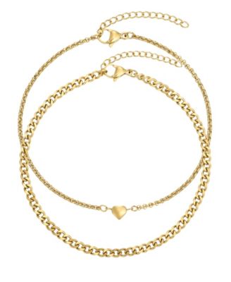 ADORNIA Tarnish Resistant Gold Set of 2 Heart and Curb Chain Anklet Set