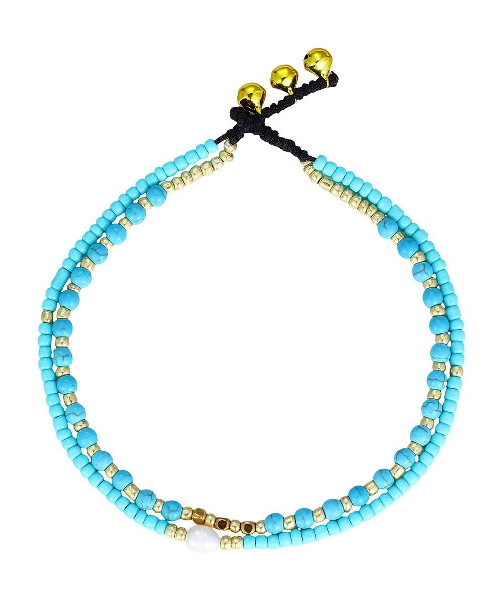 ADORNIA Natural Freshwater Pearl and Turquoise Bead Adjustable Anklet Set