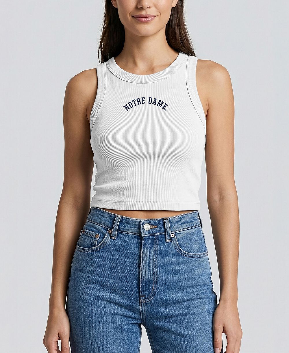 Uscape Apparel Women's White Notre Dame Fighting Irish Upside Down Embroidery Ribbed Cropped Tank Top