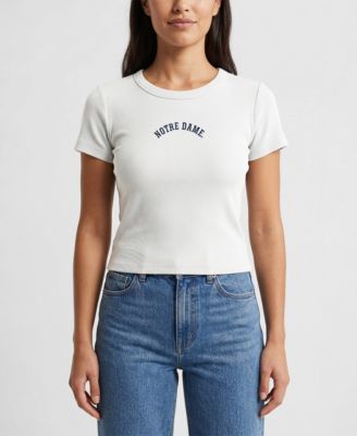 Uscape Apparel Women's White Notre Dame Fighting Irish Upside Down Embroidery Ribbed Cropped T-Shirt