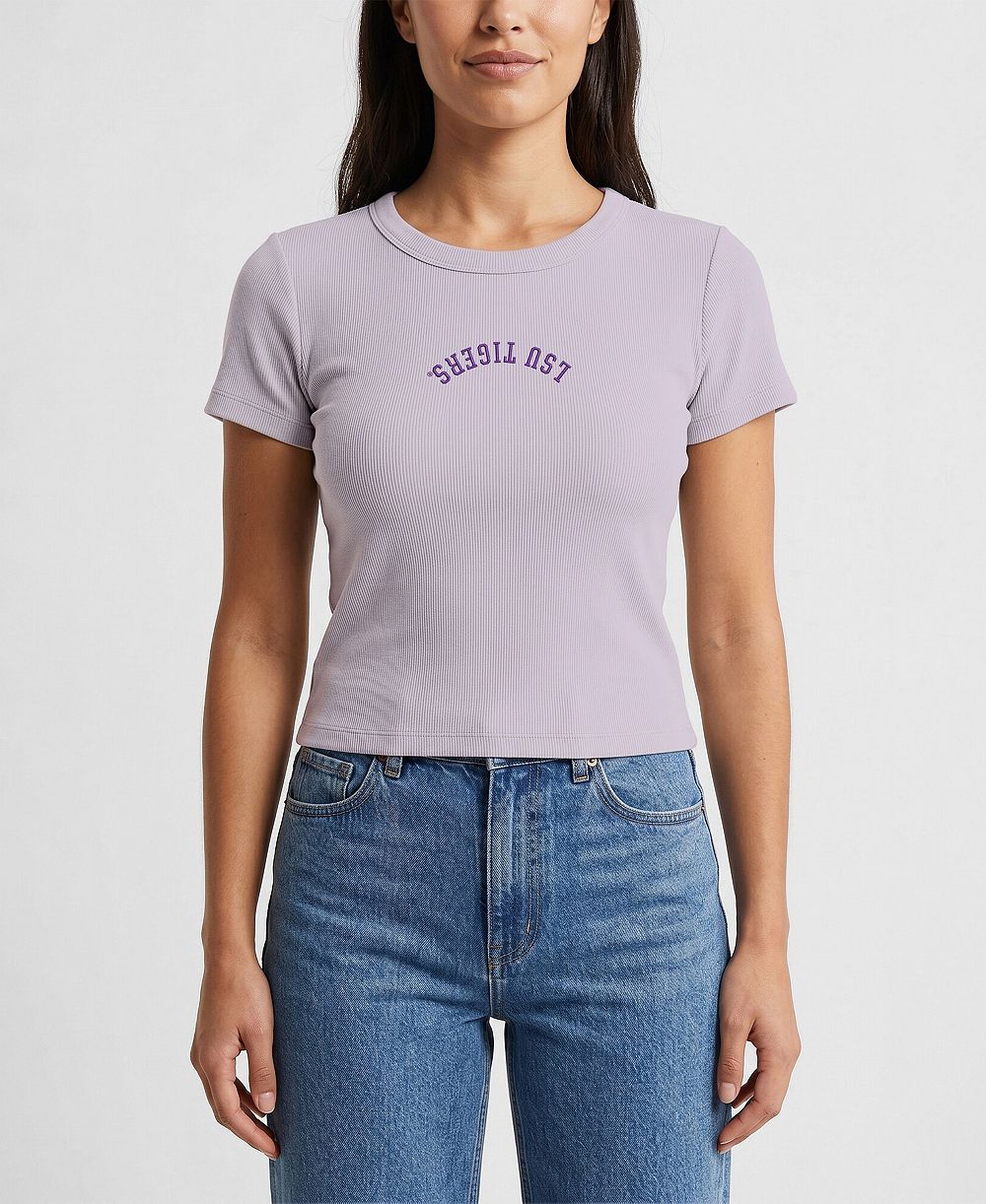 Uscape Apparel Women's Purple LSU Tigers Upside Down Embroidery Ribbed Cropped T-Shirt