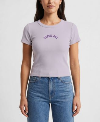 Uscape Apparel Women's Purple LSU Tigers Upside Down Embroidery Ribbed Cropped T-Shirt