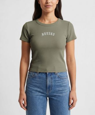 Uscape Apparel Women's Green Oregon Ducks Upside Down Embroidery Ribbed Cropped T-Shirt