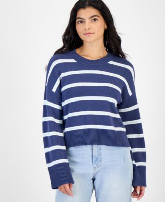 Hippie Rose Juniors' Striped Drop-Shoulder Crewneck Pullover Sweater