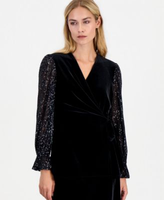 Anne Klein Women's Long-Sleeve Ruffle-Cuff Sequin Wrap Blouse