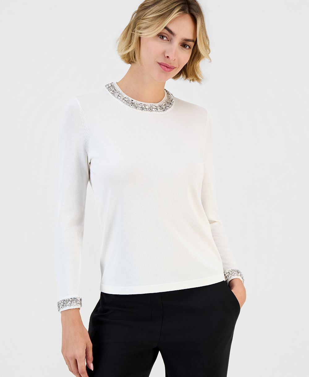 Anne Klein женский свитер с круглым вырезом и декоративной отделкой