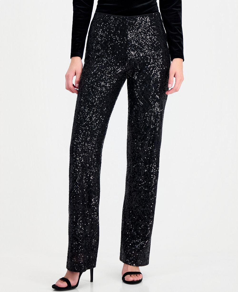 Anne Klein Women's Pull-On High-Waisted Wide-Leg Sequin Mesh Pants