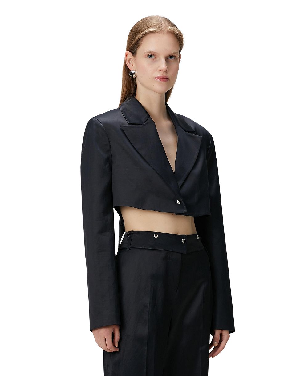 PCFG Women's Linen-Blend Shiny Cropped Belted Woven Jacket