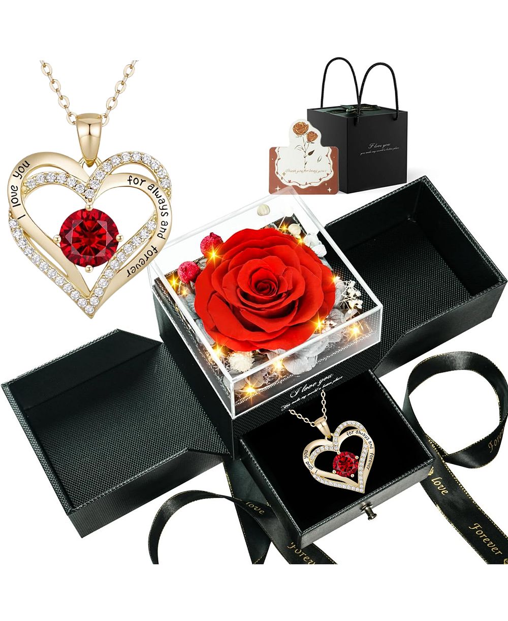 Lovery Forever Preserved Red Rose Gift Box with LED Lights & 14K Gold Plated Double Heart Ruby Necklace