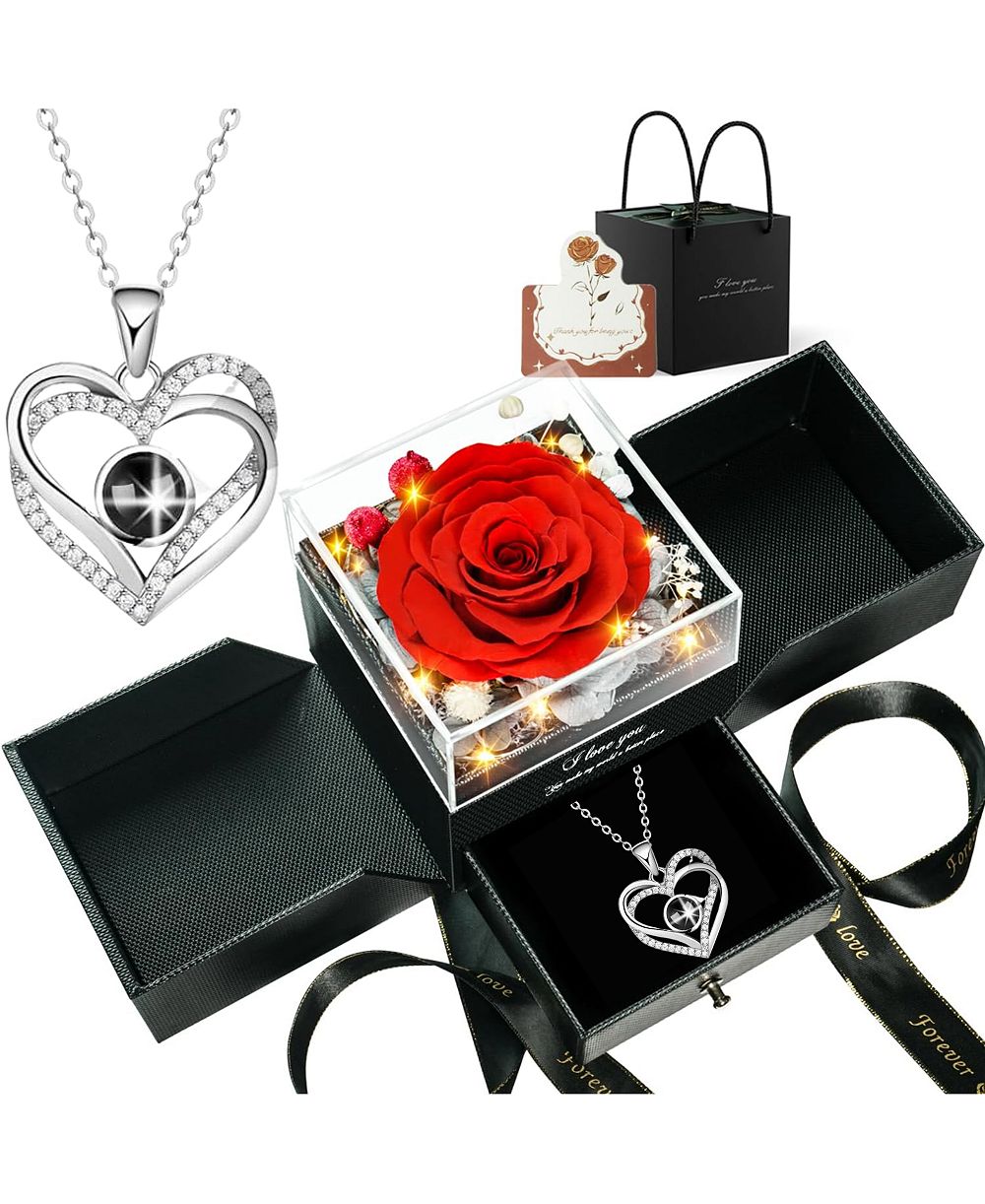 Lovery Preserved Red Rose with LED Lights & Double Heart Projection Necklace, I Love You in 100 Languages
