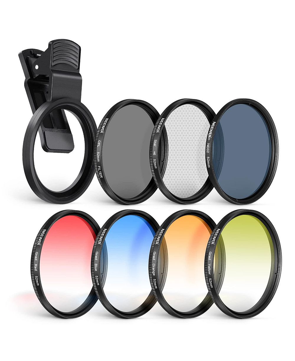 Neewer 52mm Phone Filter Kit: ND32, CPL, 6-Point Star and 4 Graduated Color Filters, with Clip