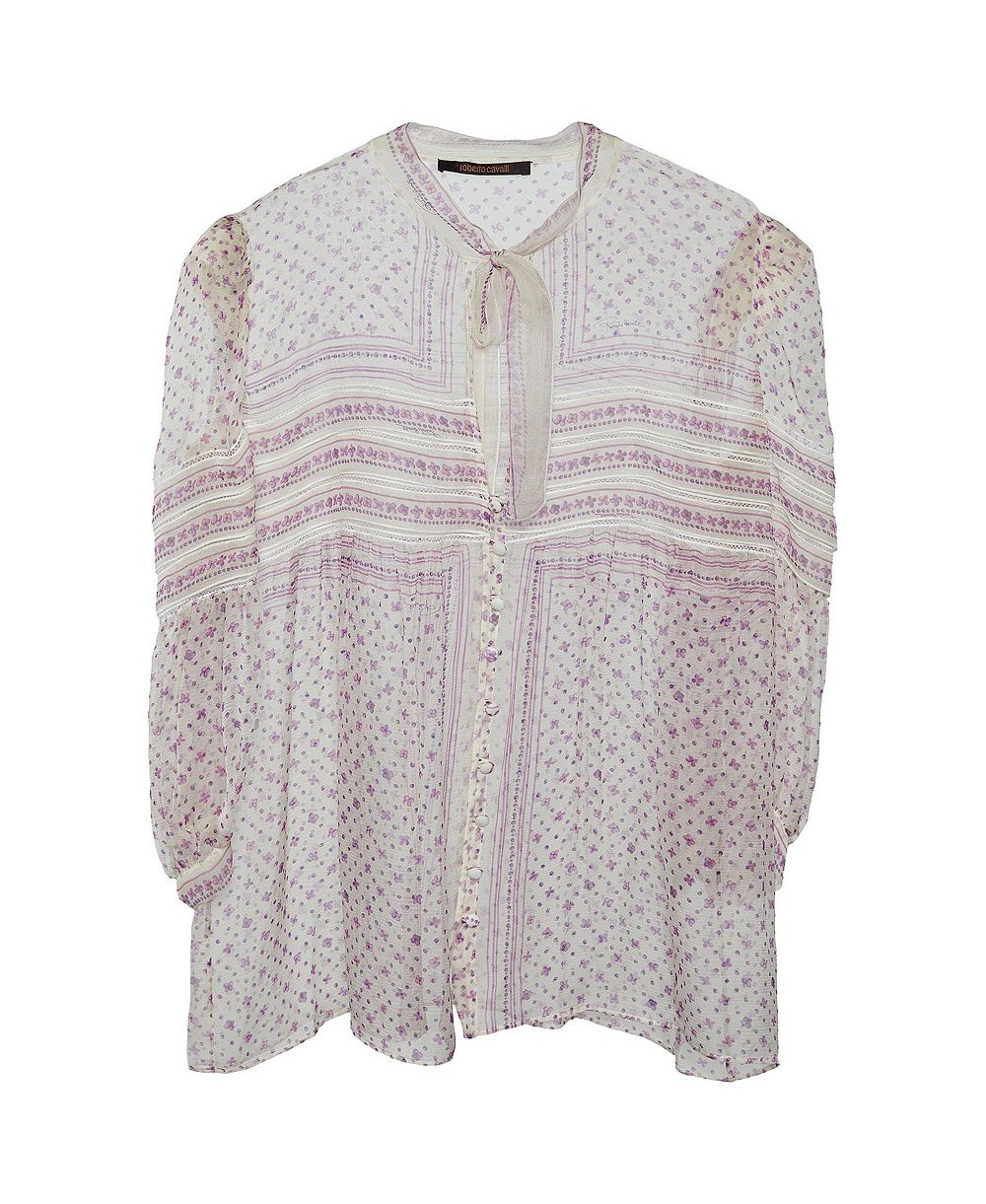 Pre-Owned Roberto Cavalli Women's Floral Print Silk Tie-Neck Blouse