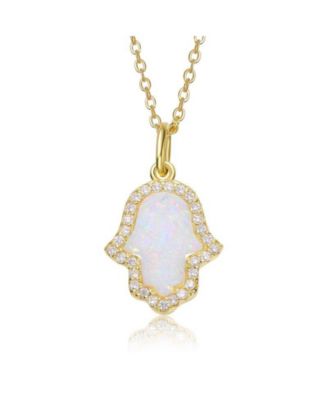 Rachel Glauber 14K Gold Plated Dainty Opal Hamsa and CZ Halo Necklace