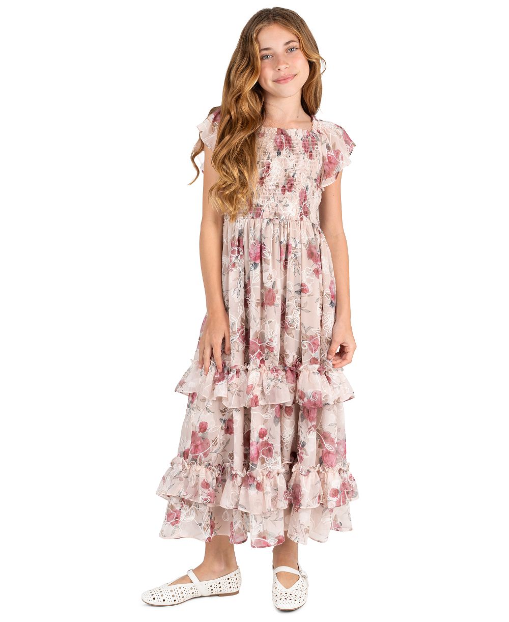 Детское макси-платье Rare Editions 7-14 Embroidered Burnout Chiffon Floral Sleeveless