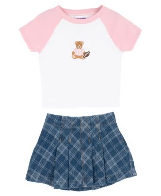 Rare Editions Girls' 2T-6X Raglan T-Shirt and Plaid denim Skirt, 2-Piece Set