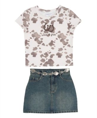 Tween Diva Girls' 7-12 Cow Printed Graphic T-Shirt and Denim Skirt, 2-Piece Set