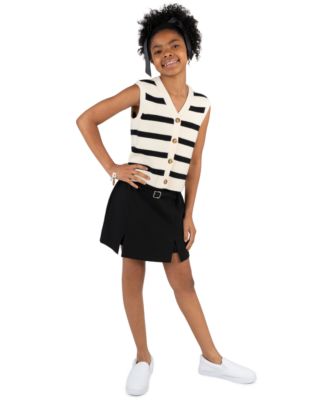 Tween Diva Girls' 7-12 Striped Sweater Vest, Pleated Skort with Belt and Bow Hair Clip, 3-Piece Set