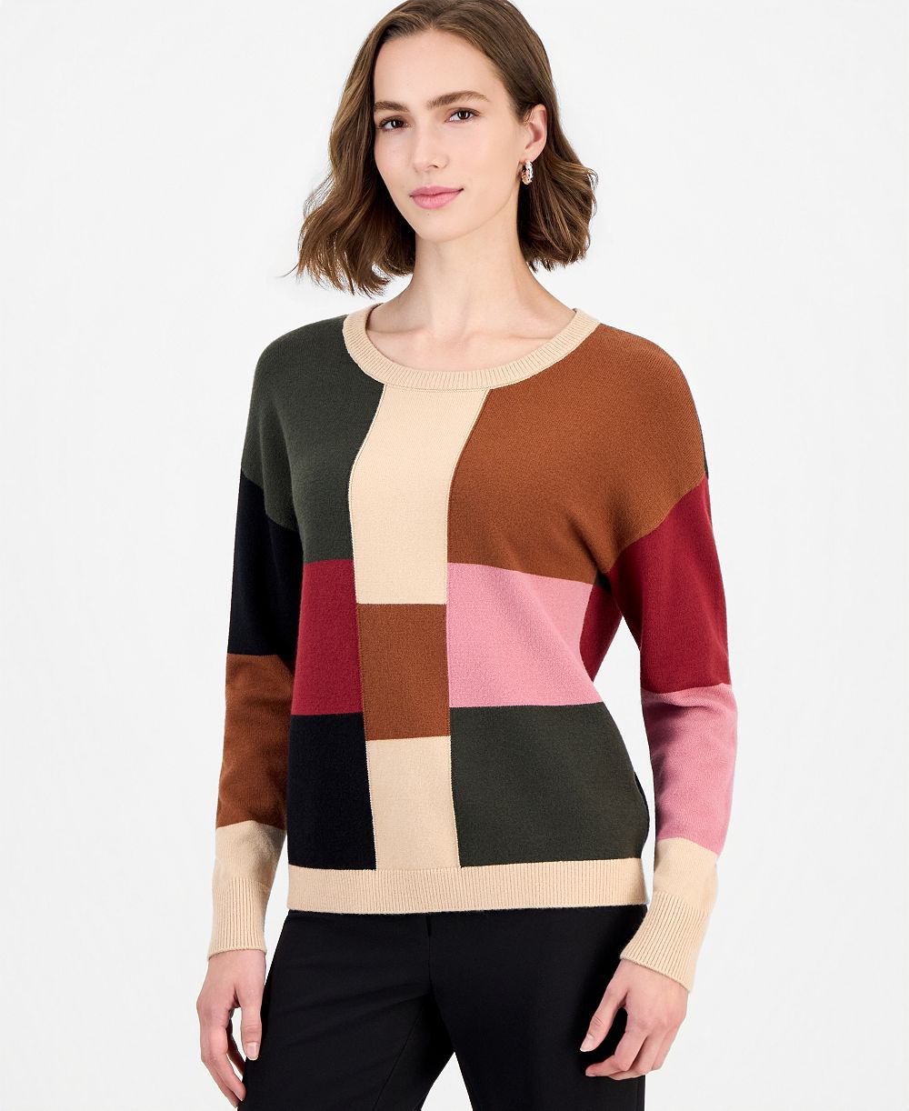 T Tahari Women's Colorblock Crewneck Long-Sleeve Pullover Sweater