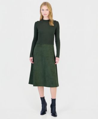 T Tahari Women's Mock Neck Long-Sleeve Faux Suede Skirt Dress