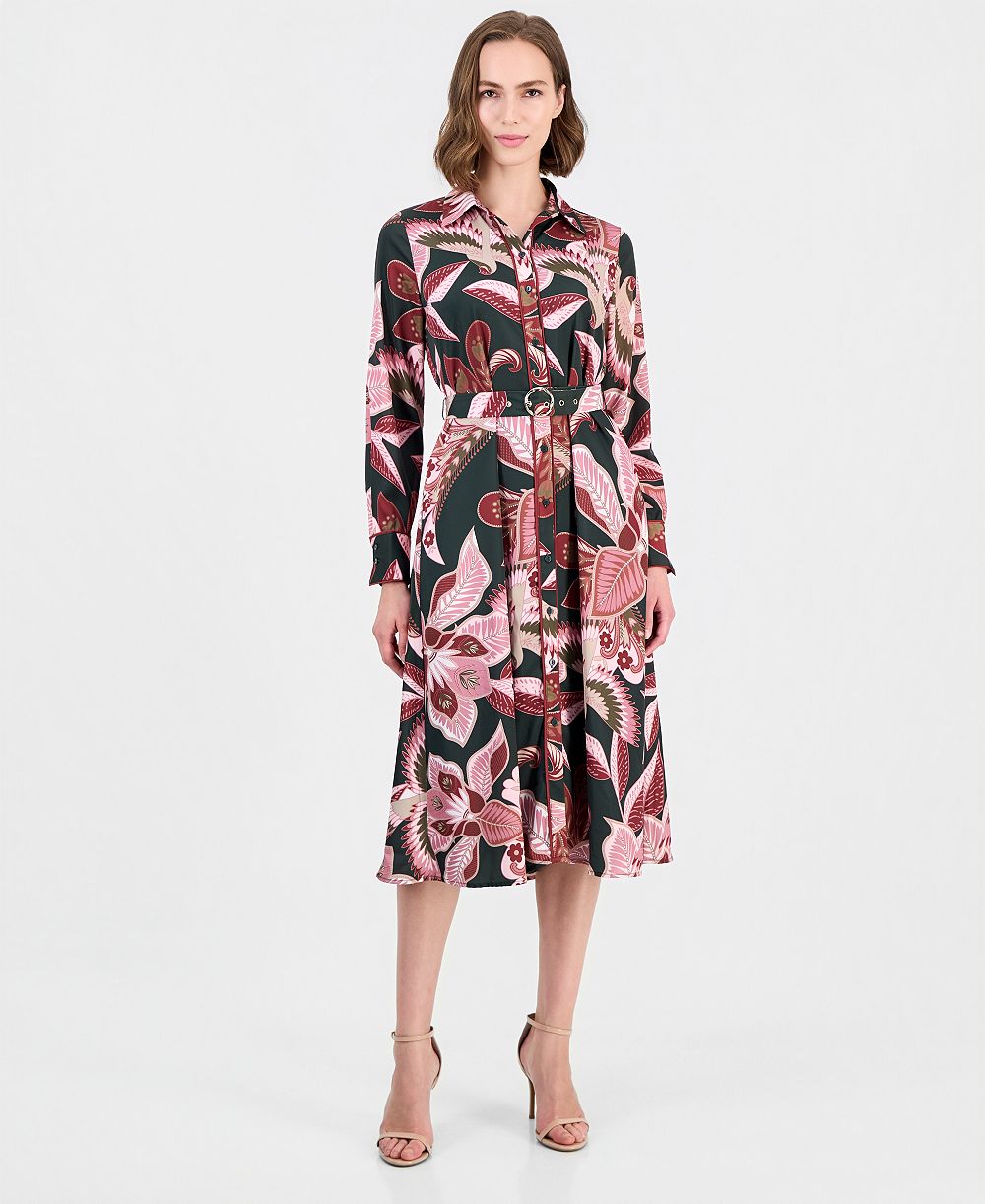Женское цветочное платье T Tahari Midi с длинным рукавом и силуэтом fit-and-flare