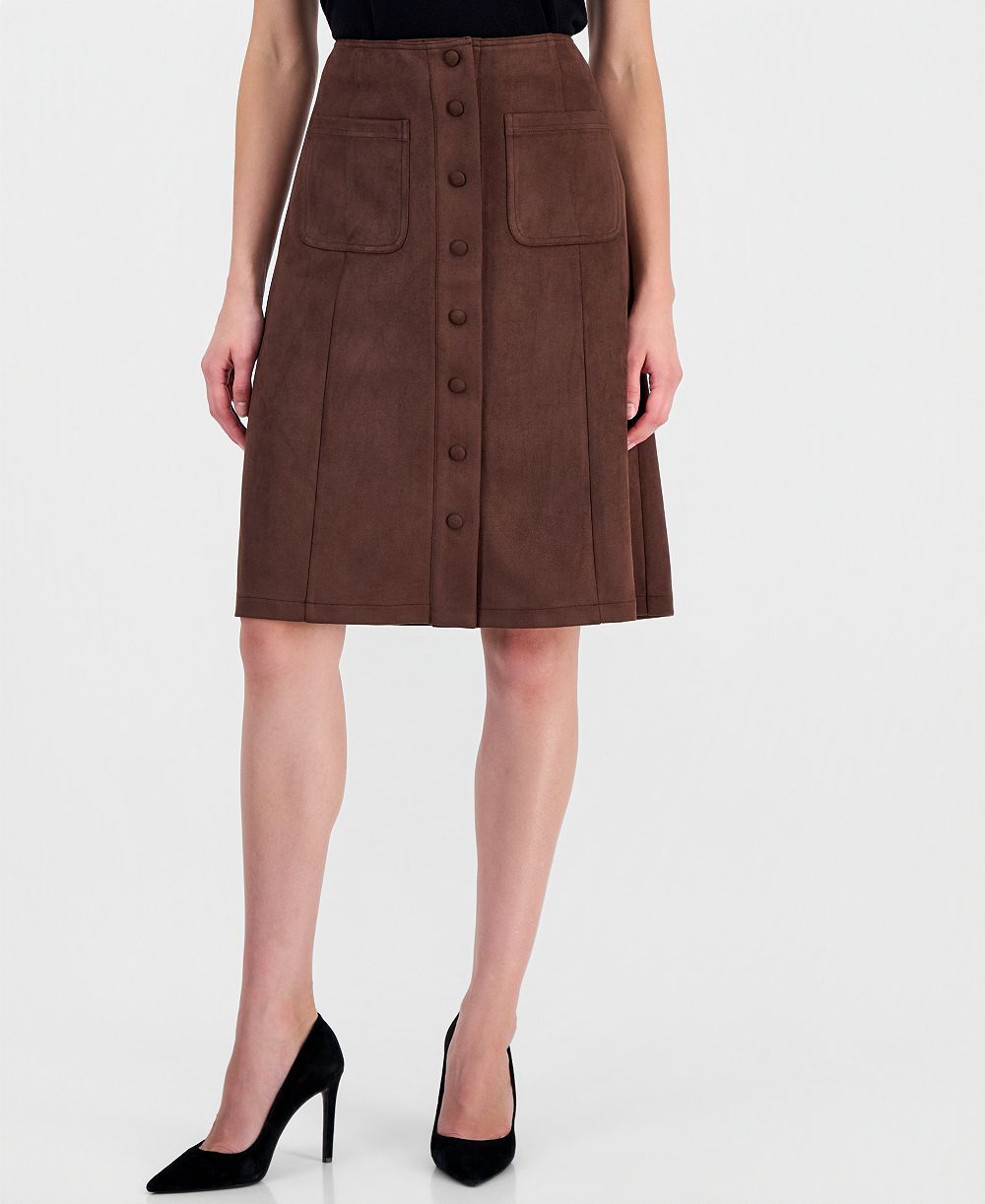 T Tahari Women's High-Waisted Midi A-Line Faux Suede Skirt