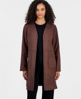 T Tahari Women's Open-Front Faux-Leather Whipstitch Cardigan
