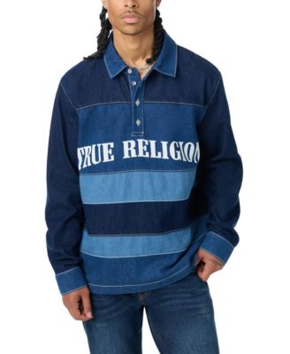 True Religion Men's Denim Striped Long-Sleeve Polo Shirt