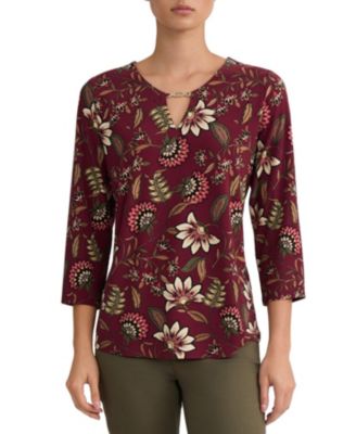 Jones New York Женский Floral-Print V-Neck 3/4-Sleeve Buckle Trim Blouse