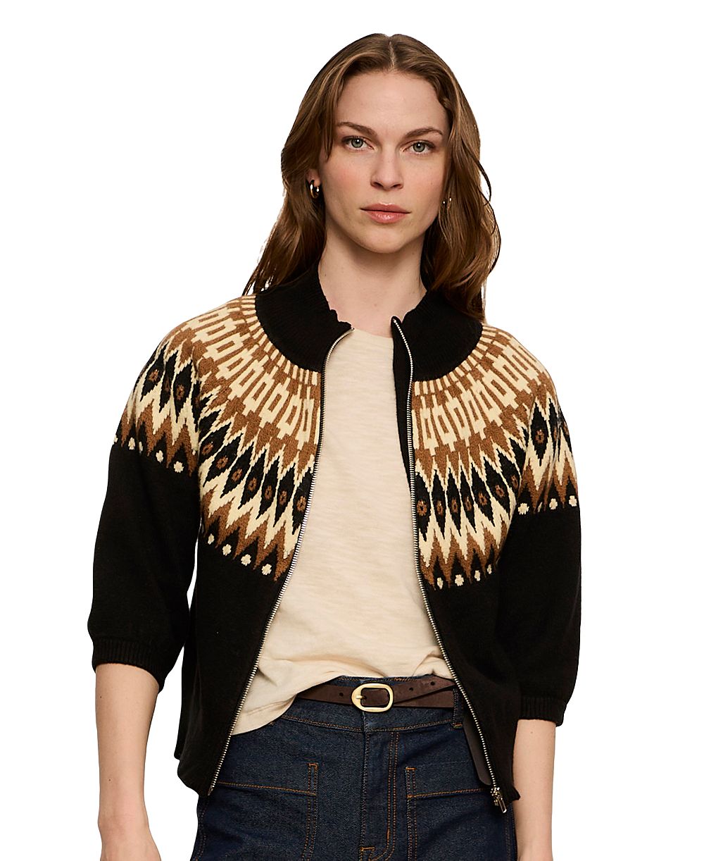 Sanctuary Petite Fairisle Zip-Up Short Sleeve Semi-Cropped Cardigan