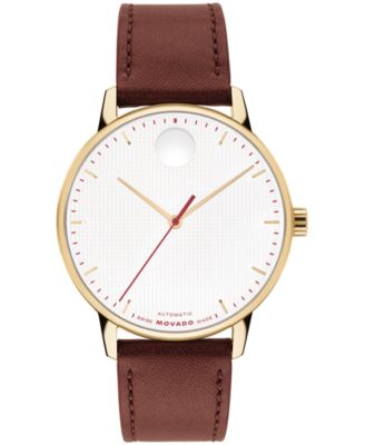 Мужские часы Movado Face Automatic Brown Leather Watch 39mm