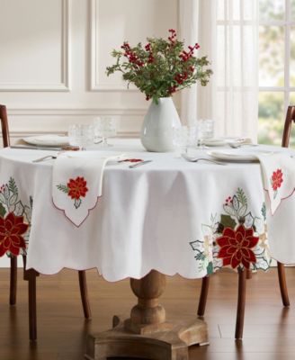 Elrene Classic Holiday Poinsettia Cutwork Scalloped Edge Tablecloth, 70"L x 70"W