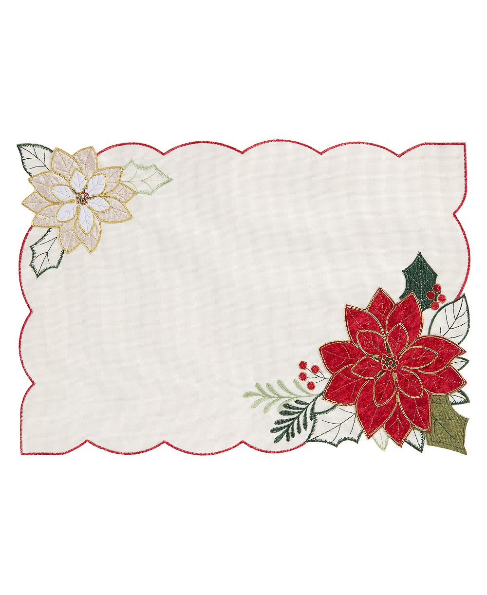 Elrene Holiday Poinsettia Embroidered Scalloped Placemat, 13" x 19"