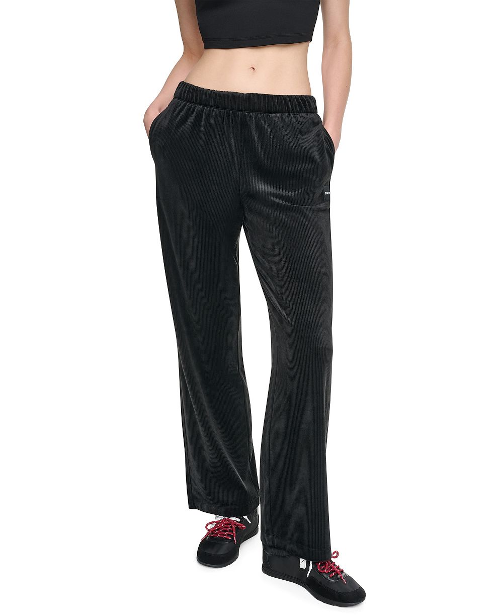 DKNY Sport Women's High-Rise Ribbed Super-Soft Velour Straight Leg Pants