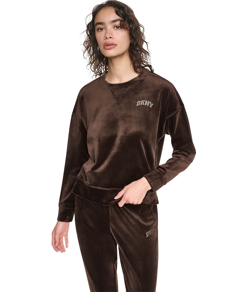 DKNY Sport Women's Super-Soft Velour Relaxed-Fit High-Low Crewneck Pullover Top with Varsity Rhinestone Logo